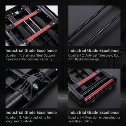 Industrial-grade product with stainless steel support pipes, anti-rust telescopic rod, reinforced joints, and precision engineering on a black background.