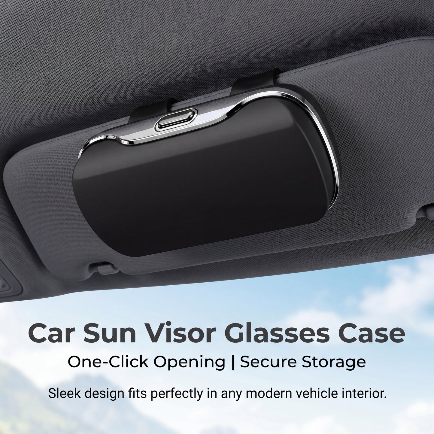 Premium One-Touch Car Sunglasses Holder - black color clip-on sun visor glasses case with one-click opening