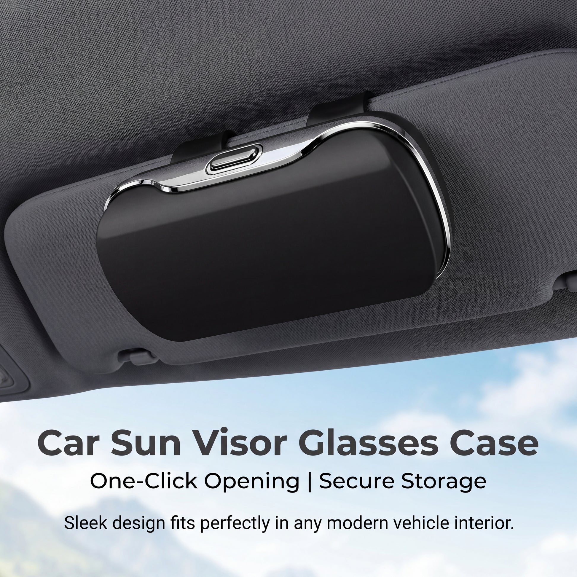 Premium One-Touch Car Sunglasses Holder - black color clip-on sun visor glasses case with one-click opening