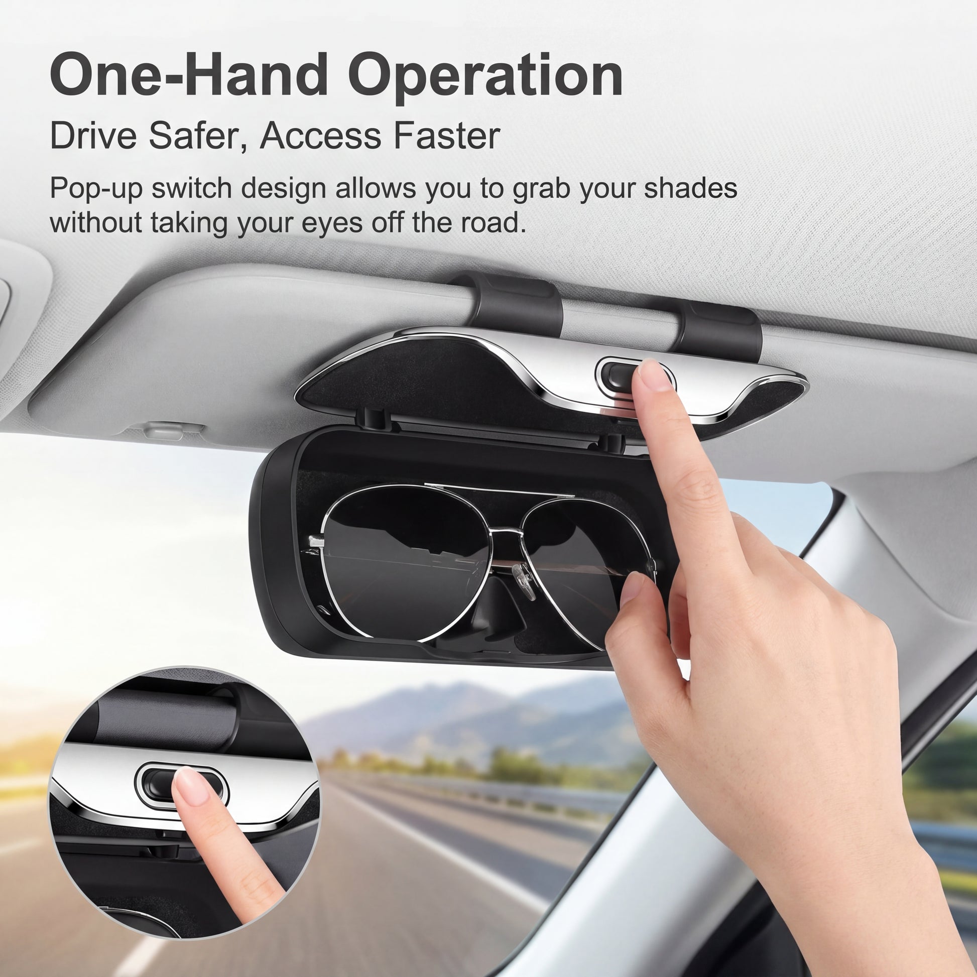 Car Sunglasses Holder - one-hand operation pop-up switch design for safe driving access