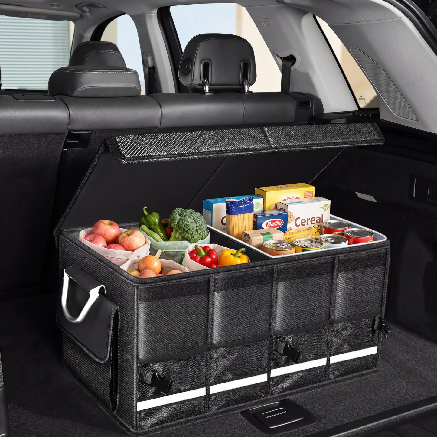 Heavy-Duty Foldable Trunk Organizer - open lid dual compartment loaded with groceries fruits and canned goods in SUV trunk