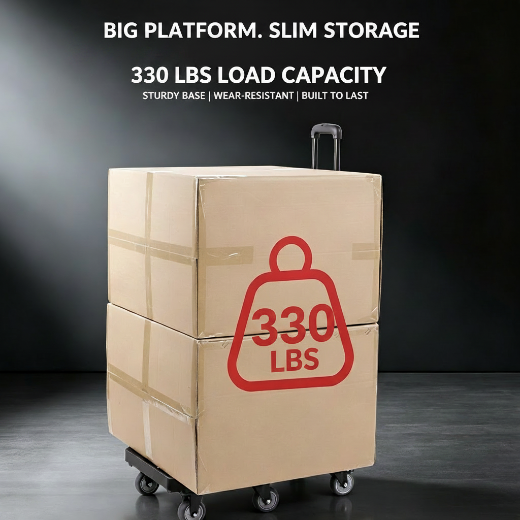 Foldable hand truck cart loaded with cardboard boxes showing 330 lbs load capacity. Text reads: BIG PLATFORM. SLIM STORAGE. 330 LBS LOAD CAPACITY. PLATFORM. SLIM STORAGE. – 330 LBS Dark Background