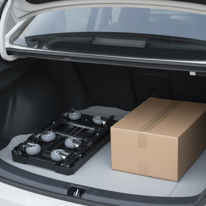 Trunk of a car with a cardboard box and a black tray with wheels.