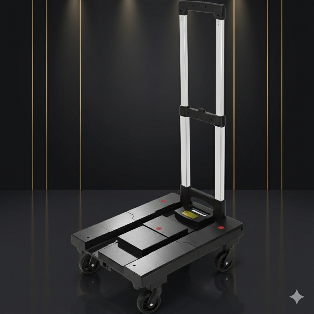 Black and silver trolley on a dark reflective surface with a dark background