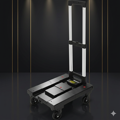 Black and silver trolley on a dark reflective surface with a dark background