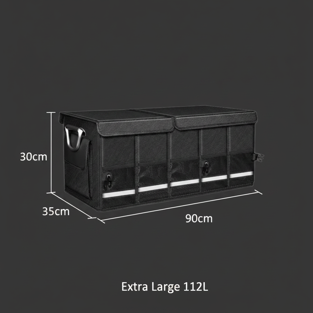 Heavy-Duty Foldable Trunk Organizer – Extra Large 112L size specifications on dark gray background