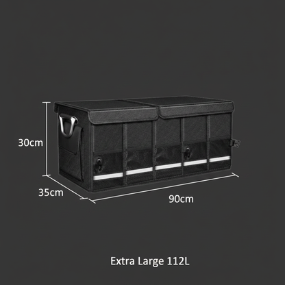 Heavy-Duty Foldable Trunk Organizer – Extra Large 112L size specifications on dark gray background