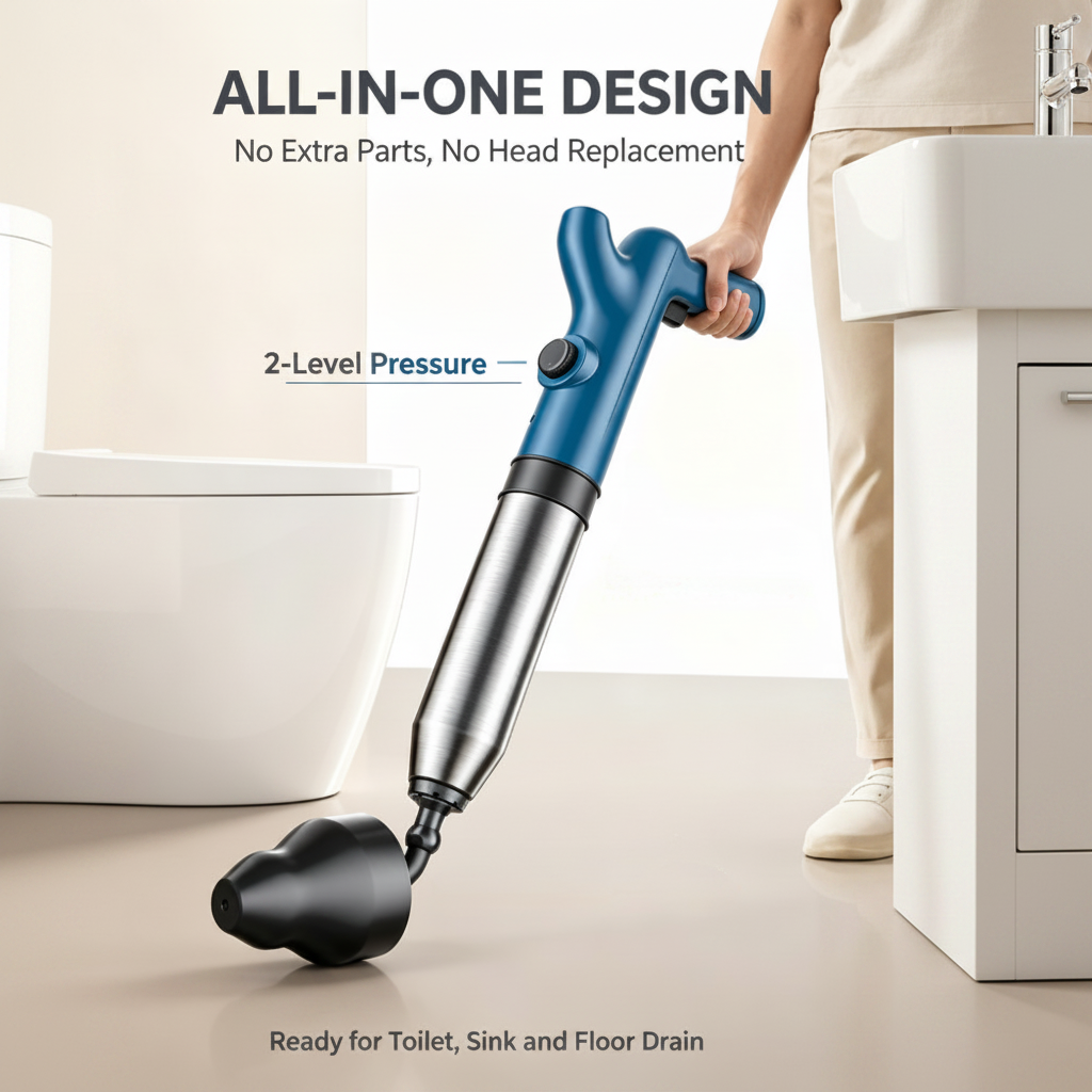 FixGo™ all-in-one design — no extra parts, no head replacement, ready for toilet sink and floor drain