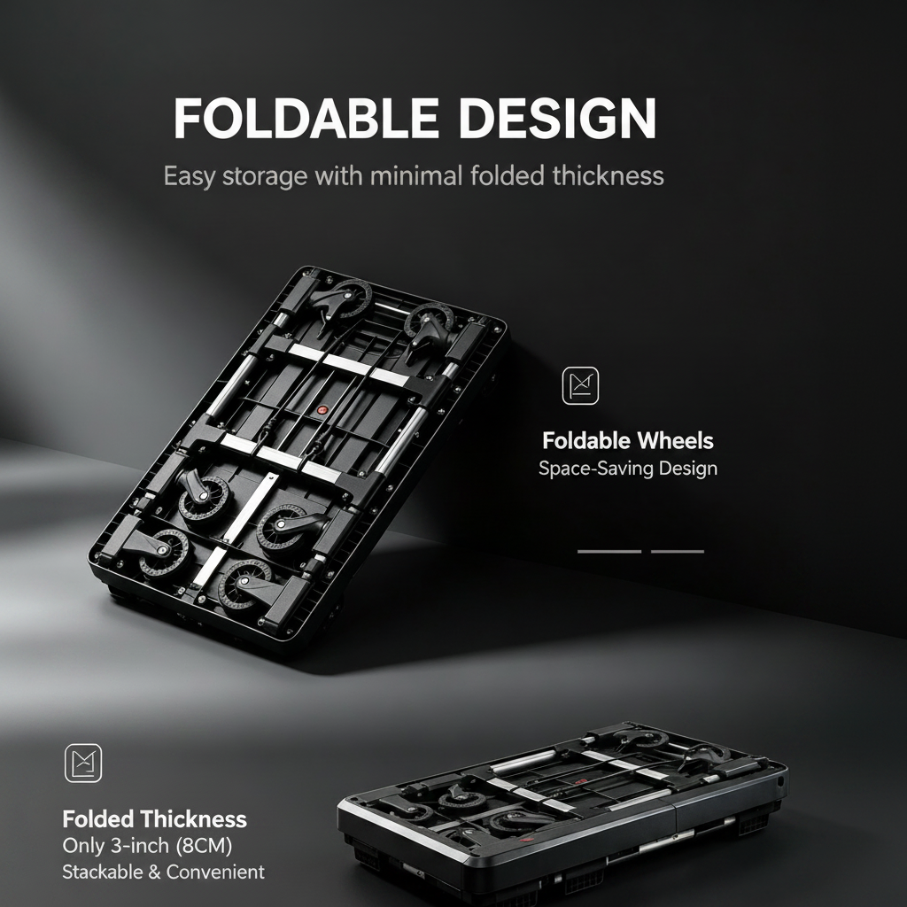 Ultra-Slim Foldable Cart Large – foldable design showing 3-inch (8CM) folded thickness, space-saving storage