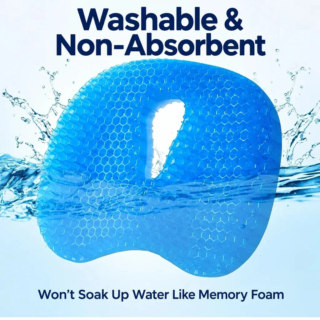 A blue, water-resistant, honeycomb-textured TPE pad floating on splashing water, with text reading 'Washable & Non-Absorbent' and 'Won't Soak Up Water Like Memory Foam