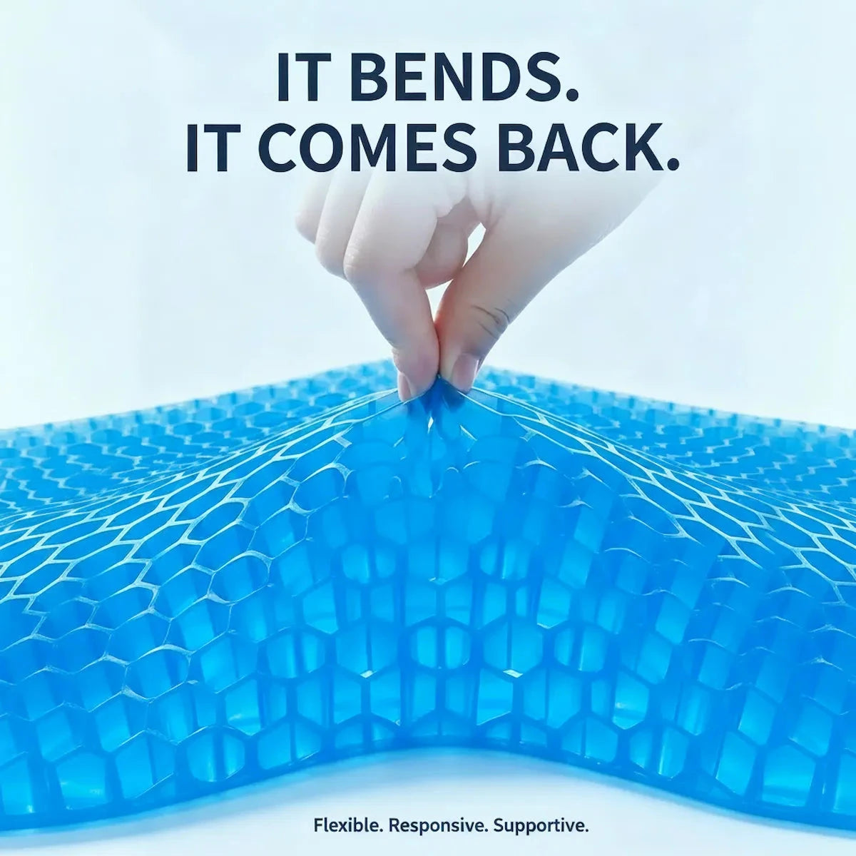A translucent blue flexible mesh pad being pinched by a hand to demonstrate its elasticity, with text reading 'IT BENDS. IT COMES BACK.