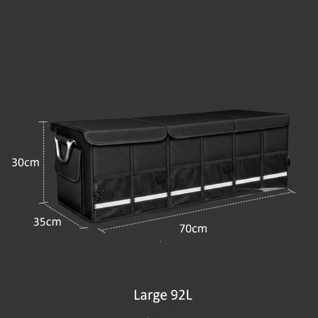 Heavy-Duty Foldable Trunk Organizer – Large 92L size specifications on dark gray background