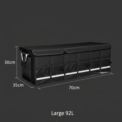 Heavy-Duty Foldable Trunk Organizer – Large 92L size specifications on dark gray background