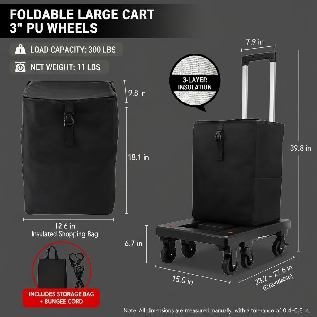 Ultra-Slim 8CM Foldable Shopping Cart – Large size specifications on dark gray background