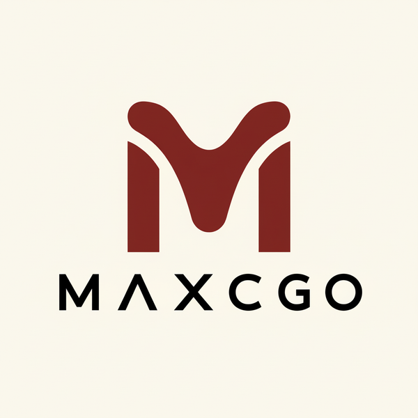 A minimalist logo featuring a stylized dark red letter M above the text 'MAXCGO' in black, centered on a light cream background.
