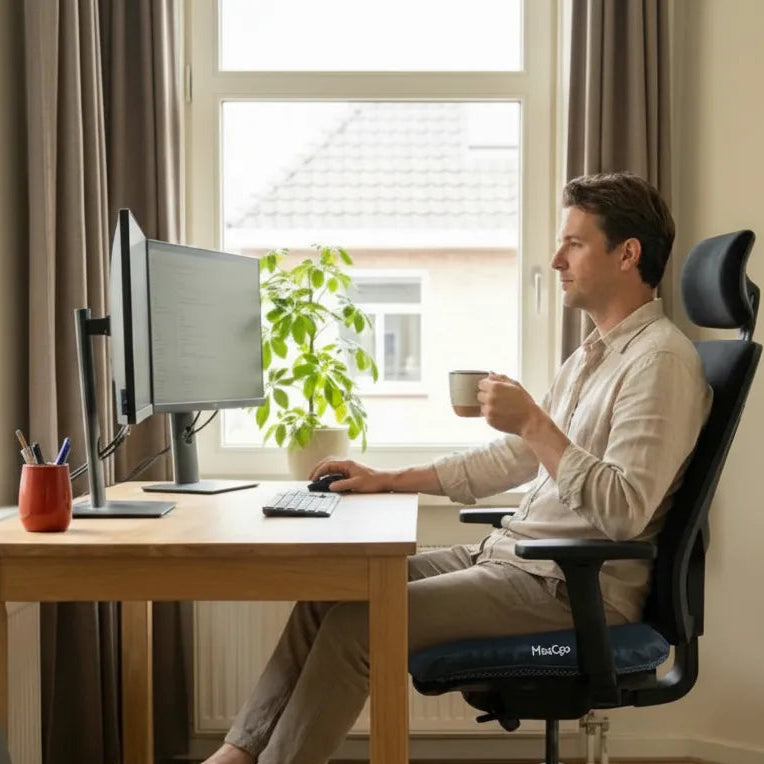 A man works at a home office desk with dual monitors while sitting on an office chair fitted with a MaxCgo honeycomb TPE seat cushion, resting his feet on a footrest.