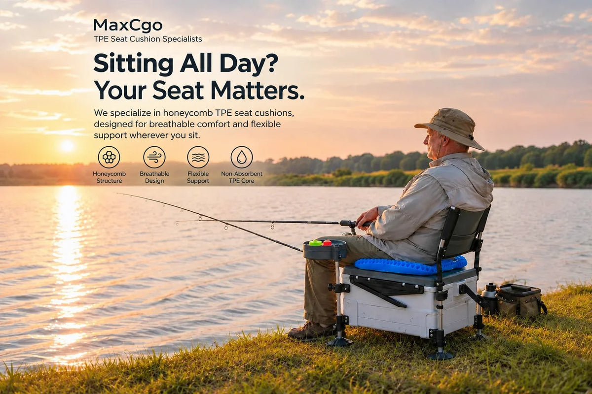 A man sits on a MaxCgo TPE seat cushion in a white and black fishing chair on a grassy lakeshore at sunset, with a lake and trees in the background. Large promotional text appears on the left side of the image.