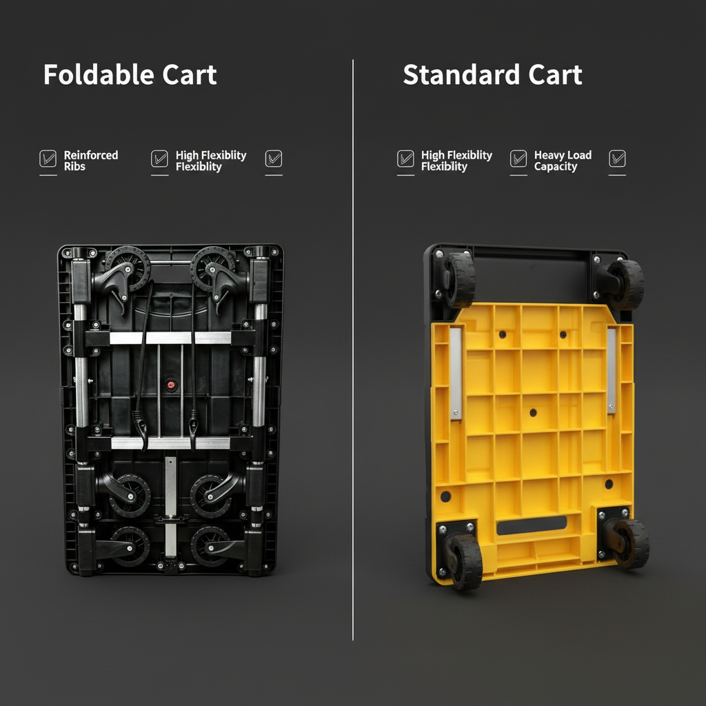 Foldable cart vs standard cart bottom view comparison — reinforced ribs, foldable wheels, heavy load capacity vs non-foldable fixed wheels