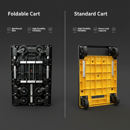 Foldable cart vs standard cart bottom view comparison — reinforced ribs, foldable wheels, heavy load capacity vs non-foldable fixed wheels