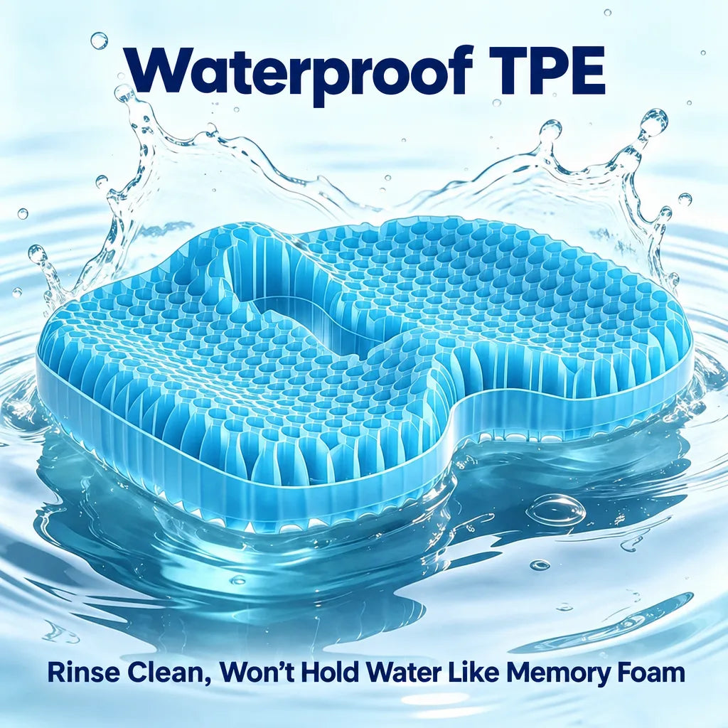 MaxCgo honeycomb TPE seat cushion shown in water, demonstrating its non-absorbent core.
